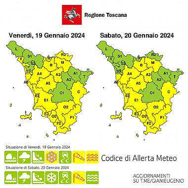 La mappa dell'allerta della Regione Toscana