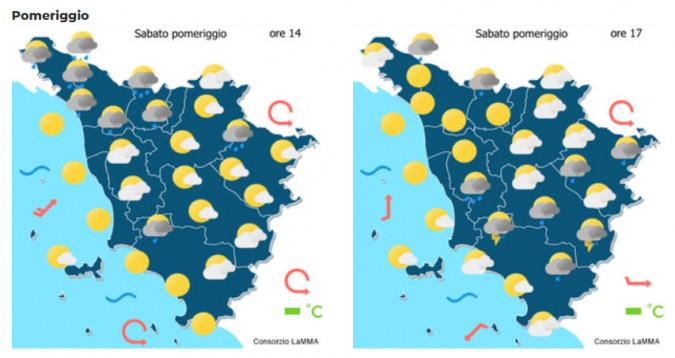Le previsioni del consorzio Lamma per il pomeriggio del 17 Maggio in Toscana mappa