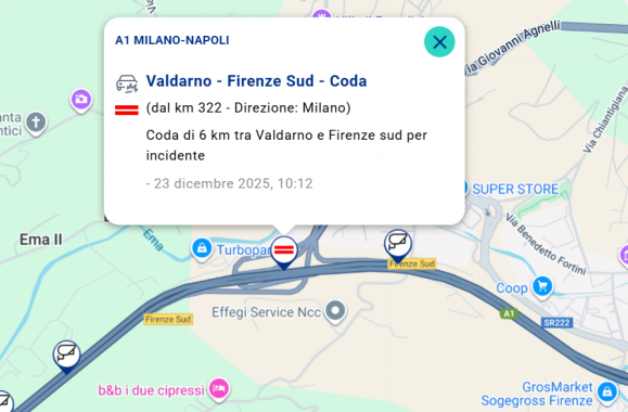Il punto critico segnalato nelle mappe di Autostrade per l'Italia