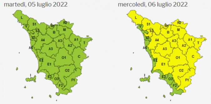 La mappa dell'allerta della Regione Toscana