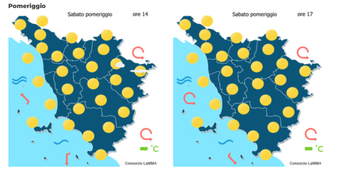Le previsioni meteo del consorzio Lamma per sabato 21 Febbraio mappa