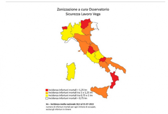 La mappa a colori del rischio morti bianche (Fonte: Osservatorio sicurezza sul lavoro Vega Engineering)