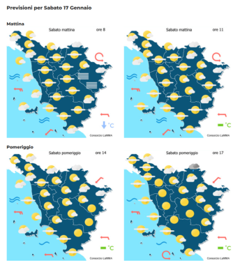 Le previsioni meteo del consorzio Lamma per sabato 17 Gennaio mappa