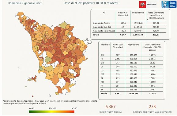 La mappa della Toscana e l'incidenza giornaliera