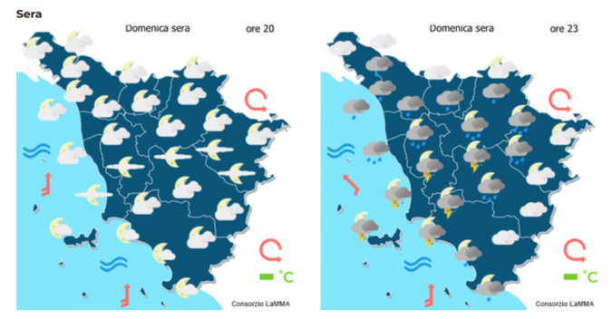 Le previsioni del consorzio Lamma per la sera di domenica 4 Maggio