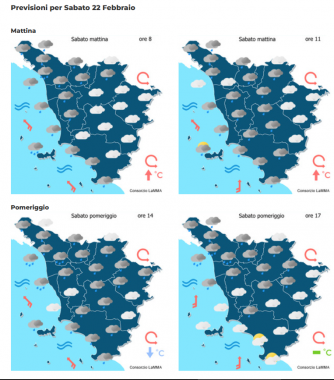 Le previsioni meteo del consorzio Lamma per sabato 22 Febbraio mappa