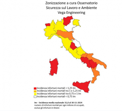 La mappa a colori del rischio morti bianche nei primi 11 mesi del 2024