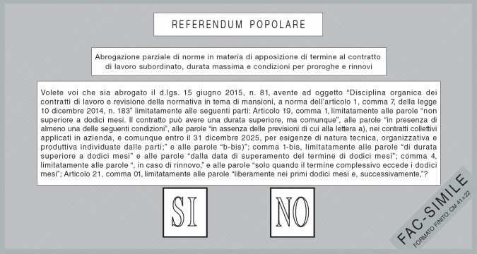 Il fac simile della scheda per il terzo quesito referendario