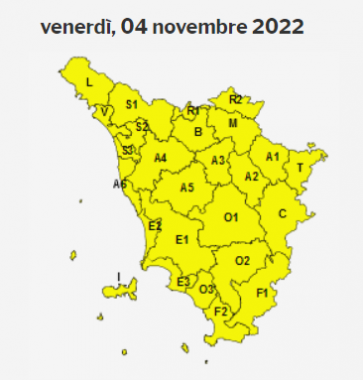 La mappa dell'allerta della Regione Toscana