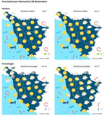 Le previsioni meteo del consorzio Lamma per domenica 28 Settembre mappa