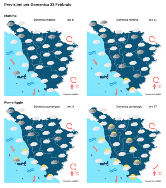 Le previsioni meteo del consorzio Lamma per domenica 23 Febbraio mappa