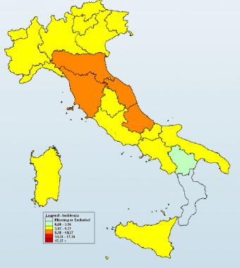 La mappa a colori del contagio da influenza (Fonte: Rapporto Influnet)