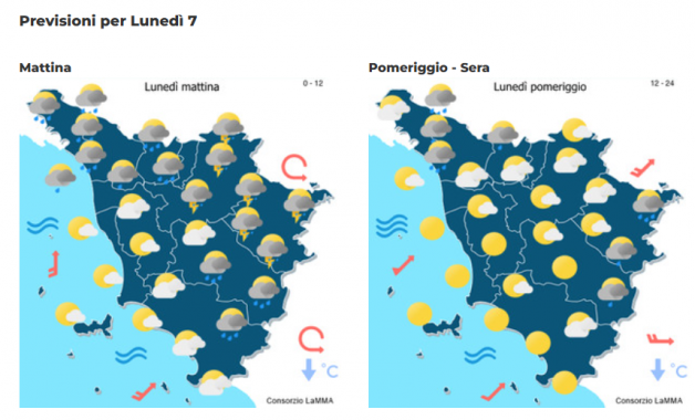 Le previsioni del consorzio Lamma per lunedì 7 Luglio