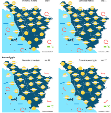 Le previsioni meteo del consorzio Lamma per domenica 14 Giugno mappa