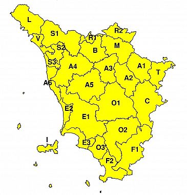 La mappa dell'allerta della Regione Toscana