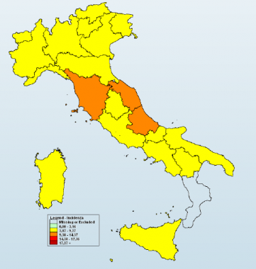 La mappa a colori del contagio da influenza (Fonte: Rapporto Influnet)