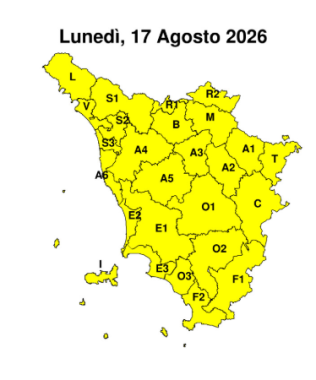 La mappa dell'allerta della Regione Toscana