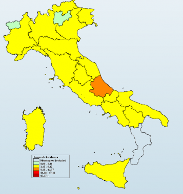 La mappa a colori del contagio da influenza (Fonte: Rapporto Influnet)