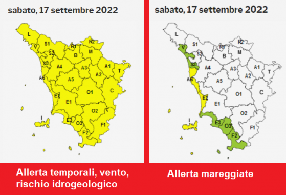 La mappa dell'allerta della Regione Toscana