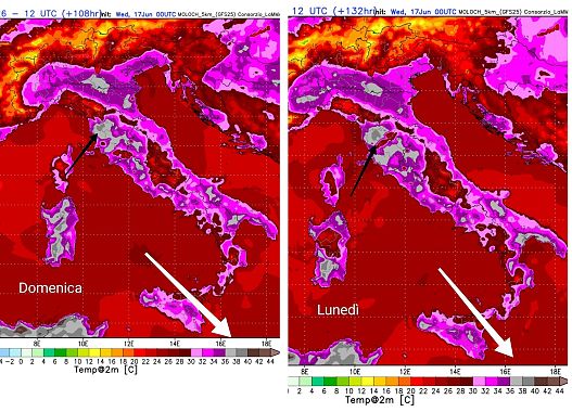 Le mappe con le previsioni sul calore