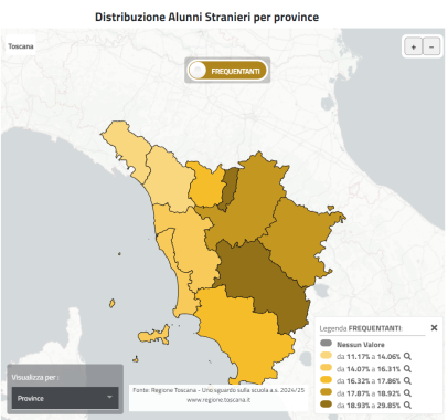 Gli alunni stranieri in Toscana per provincia