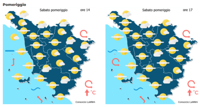 Le previsioni meteo del consorzio Lamma per sabato 9 Maggio mappa