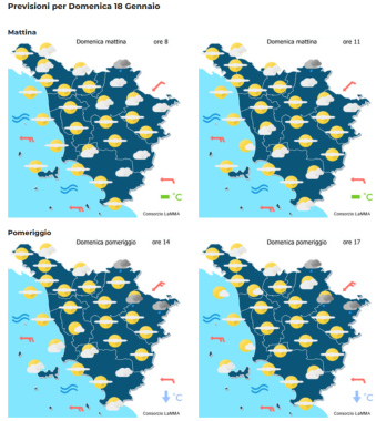 Le previsioni meteo del consorzio Lamma per domenica 18 Gennaio mappa