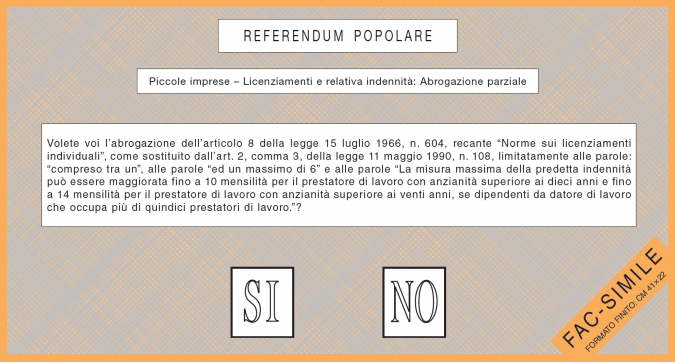 Il fac simile della scheda per il secondo quesito referendario