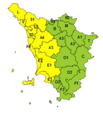 La mappa dell'allerta della Regione Toscana