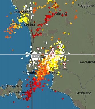 La localizzazione dei temporali nella serata