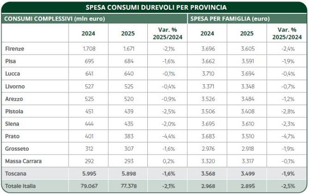 La spesa in beni durevoli per provincia tabella