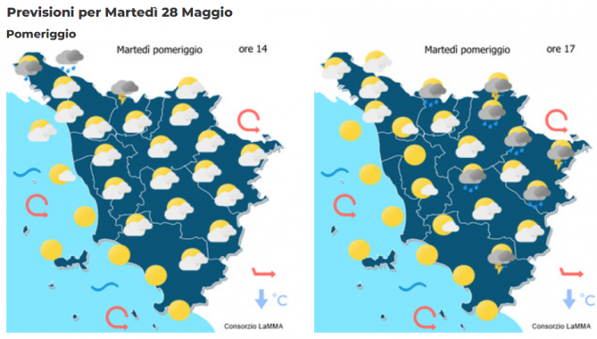 Le previsioni del consorzio Lamma per il 28 Maggio in Toscana
