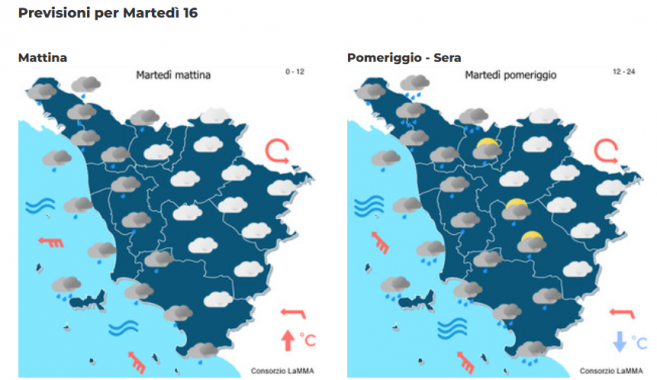 Le previsioni meteo del consorzio Lamma per martedì 16 Dicembre