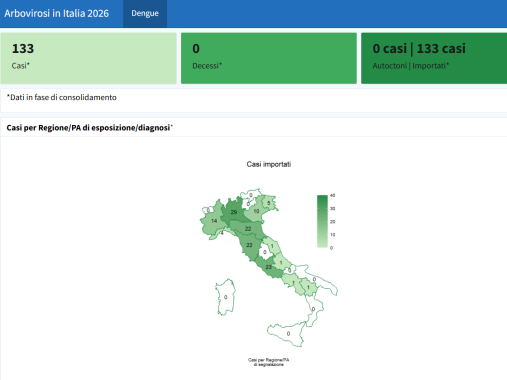 I casi di Dengue nelle regioni italiane mappa