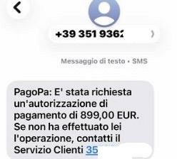 Un esempio degli Sms truffa