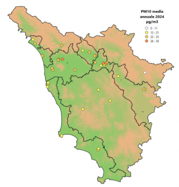 la mappa delle concentrazioni medie di PM10 registrate nel 2024 (Fonte: Arpat)