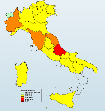 La mappa a colori del contagio da influenza (Fonte: Rapporto Influnet)