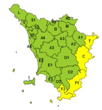 La mappa dell'allerta della Regione Toscana