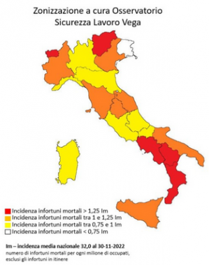 La mappa a colori del rischio morti bianche nei primi 10 mesi del 2022 (Fonte: Osservatorio sicurezza sul lavoro Vega Engineering)