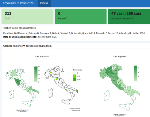 I casi di Dengue nelle regioni italiane mappa