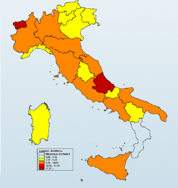 La mappa a colori del contagio da influenza (Fonte: Rapporto Influnet)