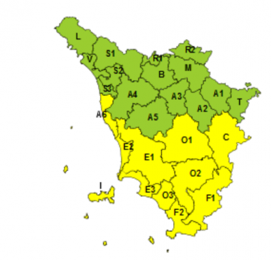 La mappa dell'allerta della Regione Toscana