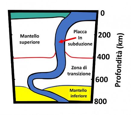 La placca in subduzione che si muove in modo non lineare raggiungendo il mantello inferiore