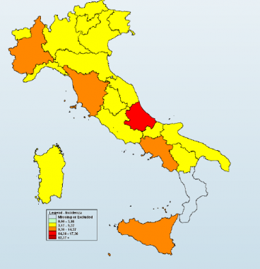 La mappa a colori del contagio da influenza (Fonte: Rapporto Influnet)