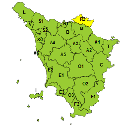 La mappa dell'allerta della Regione Toscana