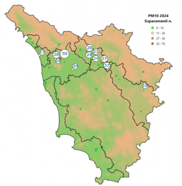  la mappa del numero di superamenti di PM10 registrati nel 2024 (Fonte: Arpat)