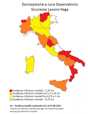 La mappa a colori del rischio morti bianche nei primi 8 mesi del 2022