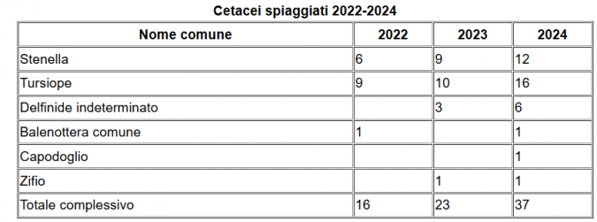 tabella spiaggiamenti