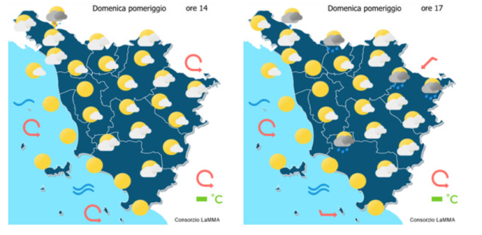 Le previsioni meteo del consorzio Lamma per il pomeriggio di domenica 12 Luglio mappa